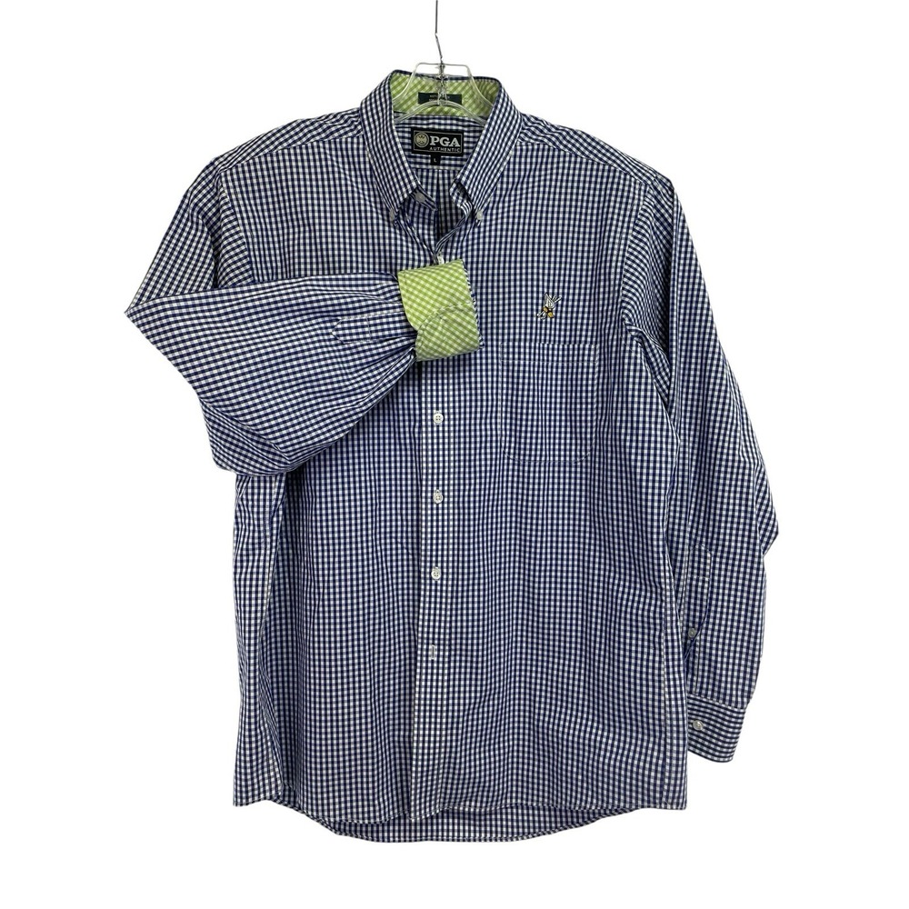 PGA Wingfoot CC Mens Large Blue/WhitePlaid Flip Cuff Button Down Golf Shirt (W44